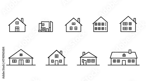A collection of simple, black and white line art illustrations of various house designs.