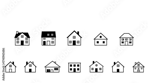 A collection of simple, black and white house icons arranged in two rows.