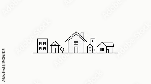 Minimalist line drawing of a neighborhood featuring various house and building styles on a horizontal plane.