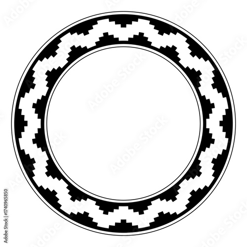 Circle frame with stepped pattern. A decorative border with seamless repeated staircase-like motif, similar to step pyramids or battlements, as it was used by Native Americans. Black and white. Vector