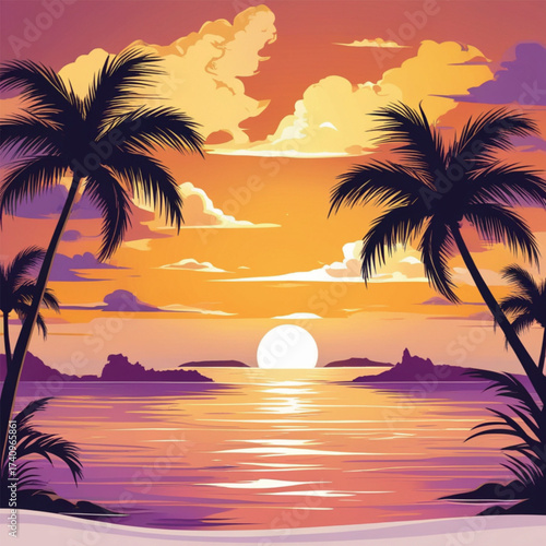 A breathtaking tropical island sunset illustration