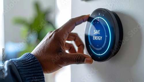 A man hand adjusting a digital thermostat knob displaying the words ‘SAVE ENERGY’, symbolizing energy efficiency and reduced power consumption