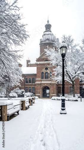 Winter Serenity - Snow-Covered Courthouse and Footprints.