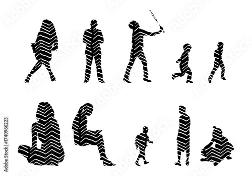 Vector illustration, Outline silhouettes of people, Contour drawing, people silhouette, Icon Set Isolated , Silhouette of sitting people, Architectural set