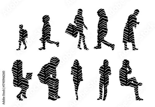 Vector illustration, Outline silhouettes of people, Contour drawing, people silhouette, Icon Set Isolated , Silhouette of sitting people, Architectural set