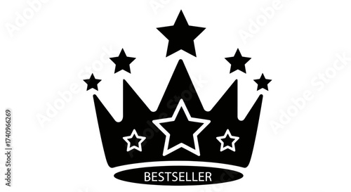 Black and white graphic illustration of a crown with stars and the word "BESTSELLER" on a banner.