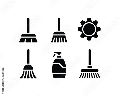 Minimalist black and white vector icons set for cleaning tools and gear for versatile applications silhouette vector illustration white background
