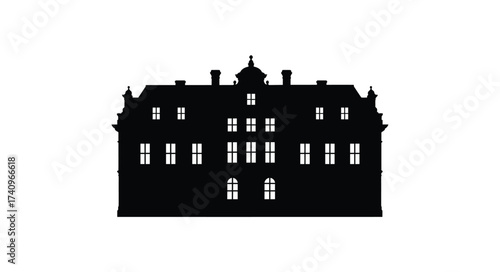 Silhouette of a grand historical mansion or castle building with multiple windows and ornate roof details offering a classic architectural facade