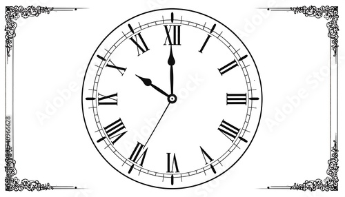 Vintage clock with roman numerals and ornamental frame in a white background