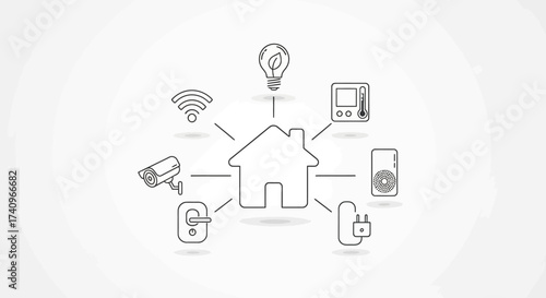 Smart home automation concept with house connected to various devices like security camera, thermostat, light bulb, and mobile phone.