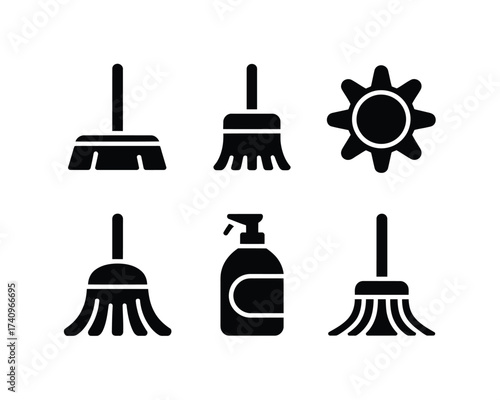 Set of minimalist black and white cleaning tools vector icons for scalable eps graphics silhouette vector illustration white background