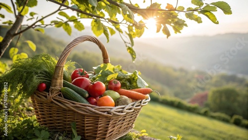Basket full of fresh organic produce in a countryside setting, with sunlight streaming through leaves and soft bokeh in the background.
