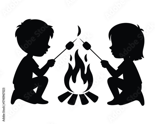 Silhouette illustration of two children roasting marshmallows over a campfire vector graphic silhouette vector illustration white background