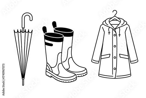 Vector art of rain gear including umbrella, boots, and raincoat