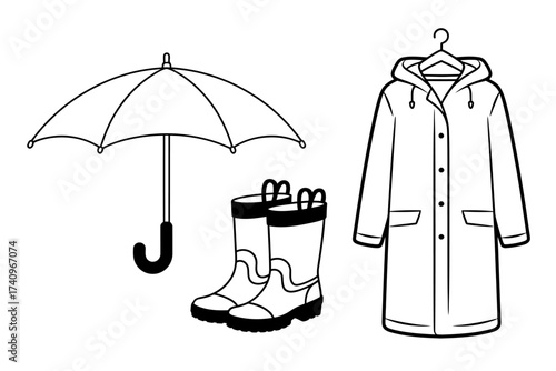 Vector art of rainy day essentials umbrella, rain boots, and raincoat