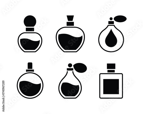 Set of six minimalist black and white perfume bottle vector illustrations scalable icons eps silhouette vector illustration white background