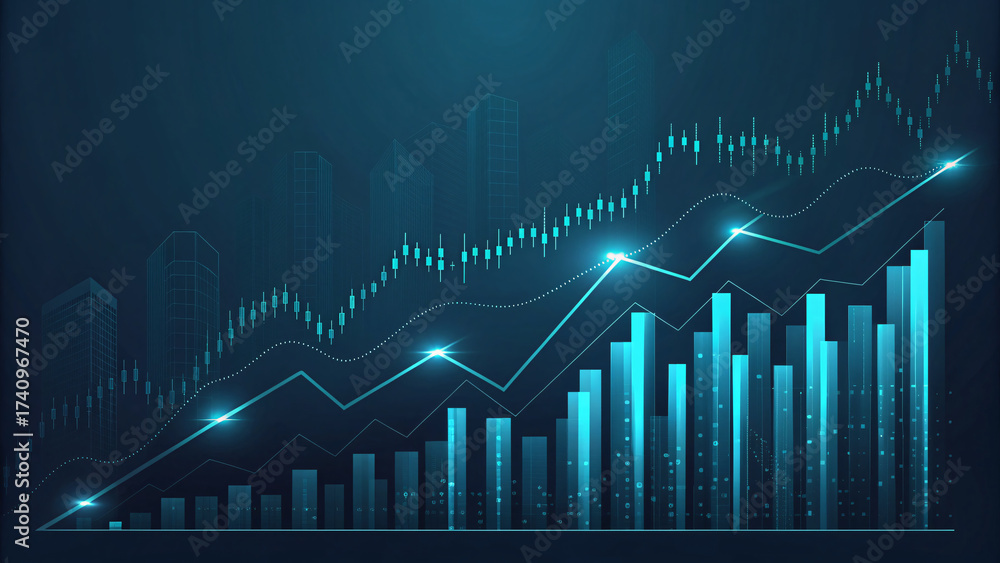 Naklejka premium Abstract dark business background with glowing stock market graph lines