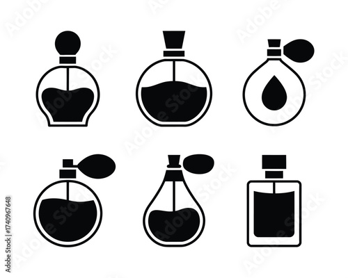 Set of six minimalist black and white perfume bottle vector illustrations scalable eps graphics silhouette vector illustration white background
