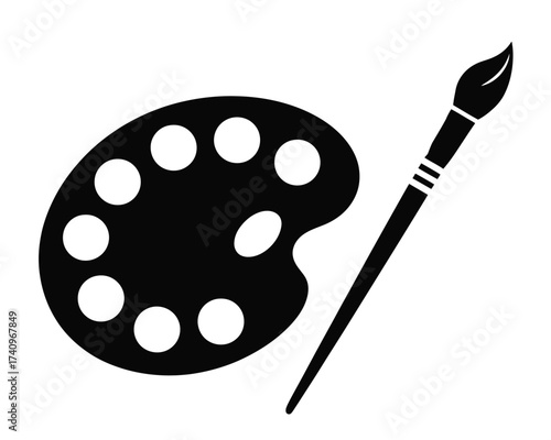 Black and white silhouette illustration of an artist's paint palette and brush - scalable vector art silhouette vector illustration white background