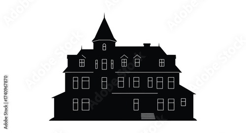 Silhouette of an ornate victorian mansion with a prominent turret and detailed architectural features evoking historical grandeur