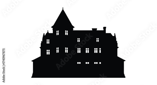 Silhouette of a grand gothic mansion with multiple stories windows and a prominent tower creating an eerie atmospheric scene.