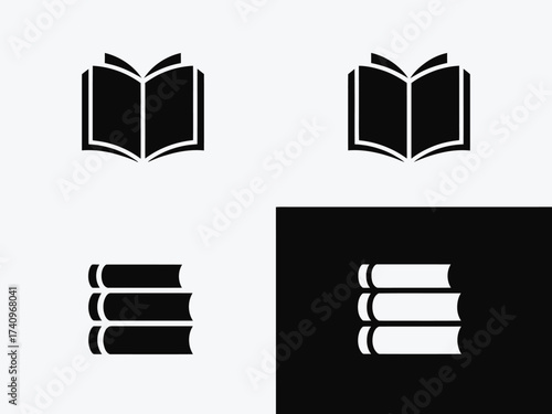 Four distinct symbols icons featuring open books and stacked books in vector illustration eps silhouette vector illustration white background