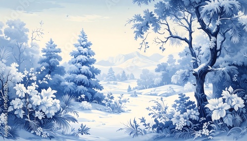A snowy landscape with winter trees, flowers, and distant mountains