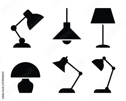 Set of six black and white minimalist desk lamps and pendant lights vector graphics for interior design silhouette vector illustration white background