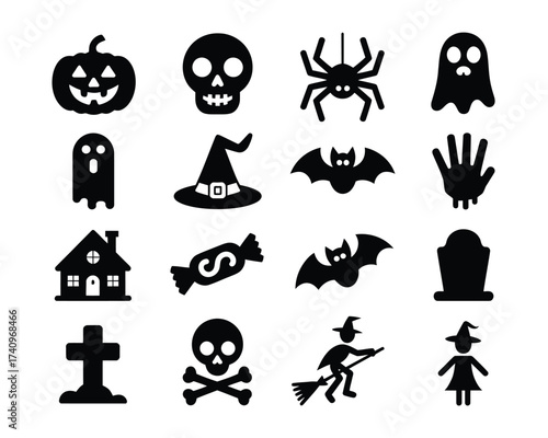 Set of black halloween themed vector icons scalable illustration for festive design projects and eps files silhouette vector illustration white background