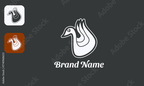 Modern Swan Logo, Minimalist Bird Silhouette, Elegant Waterfowl Symbol, Isolated White on Black