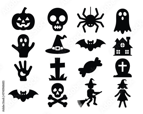 Set of 16 black halloween themed vector icons scalable eps illustration for spooky designs silhouette vector illustration white background