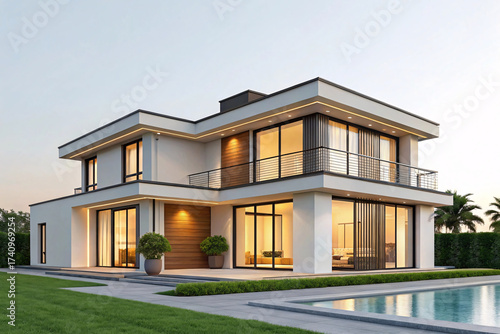 Modern house exterior on a sunny day with clear blue sky