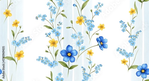 Seamless floral pattern with blue and yellow wildflowers on white