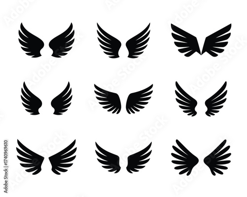 Set of 9 black wing silhouettes vector illustration scalable eps graphic design elements silhouette vector illustration white background