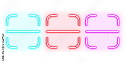 Neon glowing scanning frame vector icons set, QR code, barcode, data scan, target, digital interface, technology, glowing light effect, vibrant colorful design.