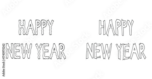 Happy new year greetings in outlined text for coloring and creative designs