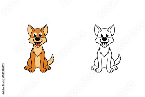 Illustration of a cute corgi dog sitting, presented in both a fully colored version and a black and white outline version, , perfect for coloring