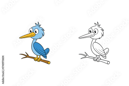 Vector art of a delightful illustration featuring a cartoon bird perched on a branch, presented in both a colored version and a blackandwhite outline