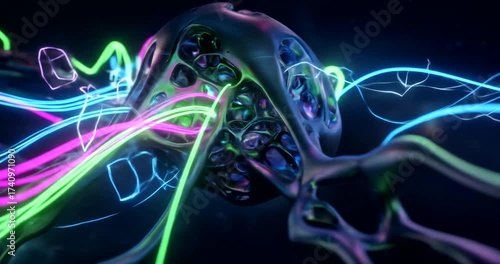 Abstract organic structure with neon light trails moving around it in a dark space