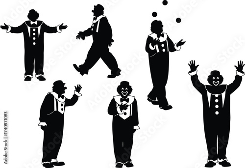 Clown silhouettes, circus performance, juggling act, comedy figure, funny character, entertainment pose, carnival theme, playful gesture, festival, amusement, costume, show