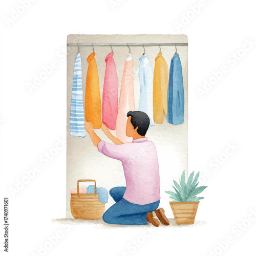 Man kneeling while organizing clothes in a wardrobe illustration.