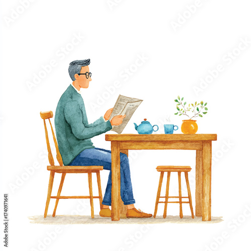 Man reading newspaper at table, enjoying morning coffee, focused and relaxed.
