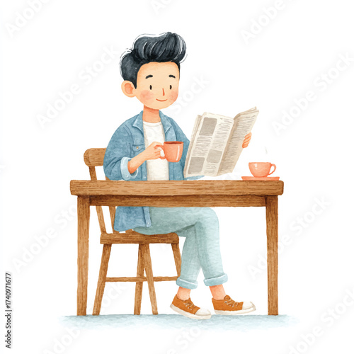 Man Reading Newspaper at Table with Coffee.