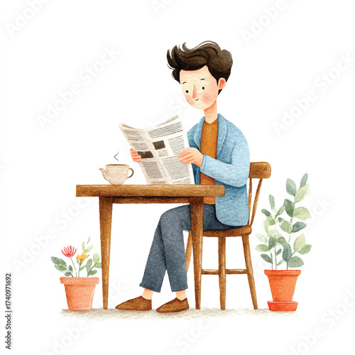 Man Reading Newspaper in Cafe.