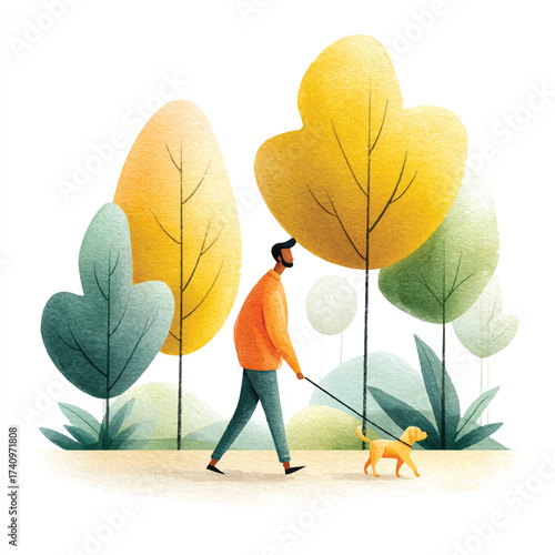 Man walking dog in park with autumn trees.