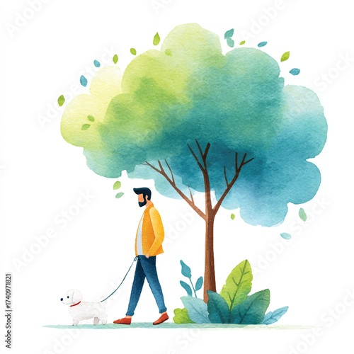 Man walking with a dog under a tree in a watercolor style.