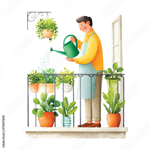 Man watering plants on a balcony with a watering can.