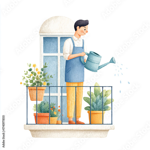Man watering plants on a balcony with a watering can.