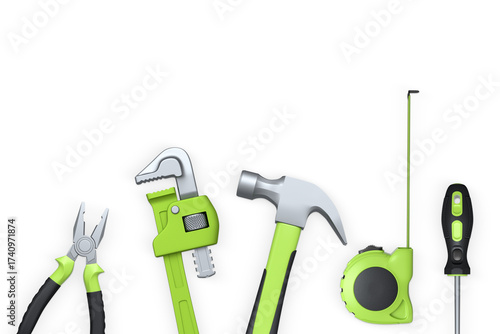 Various construction tools like hammer, pliers, screwdriver and tape measure, isolated on white background, concept of home repair