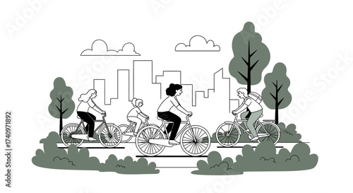 A diverse group of people enjoying a leisurely bike ride together.